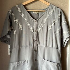 POLAGRAM Gray Embroidered Short Sleeve Oversized Button Down Dress